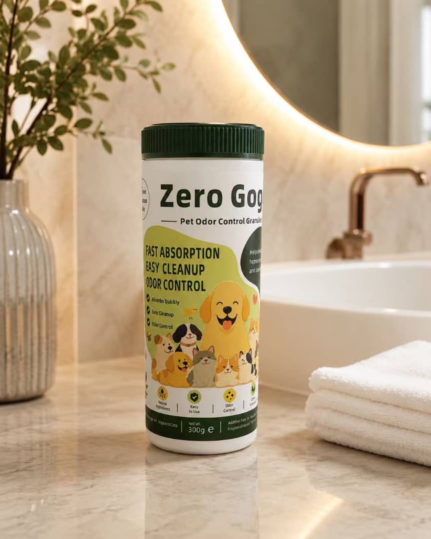 Zero Gogo fine powder in a sealed bottle on a bathroom counter
